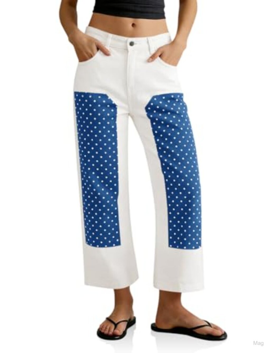 High Waisted Patchwork Cropped Jeans Cotton Elastane Barrel Wide Leg